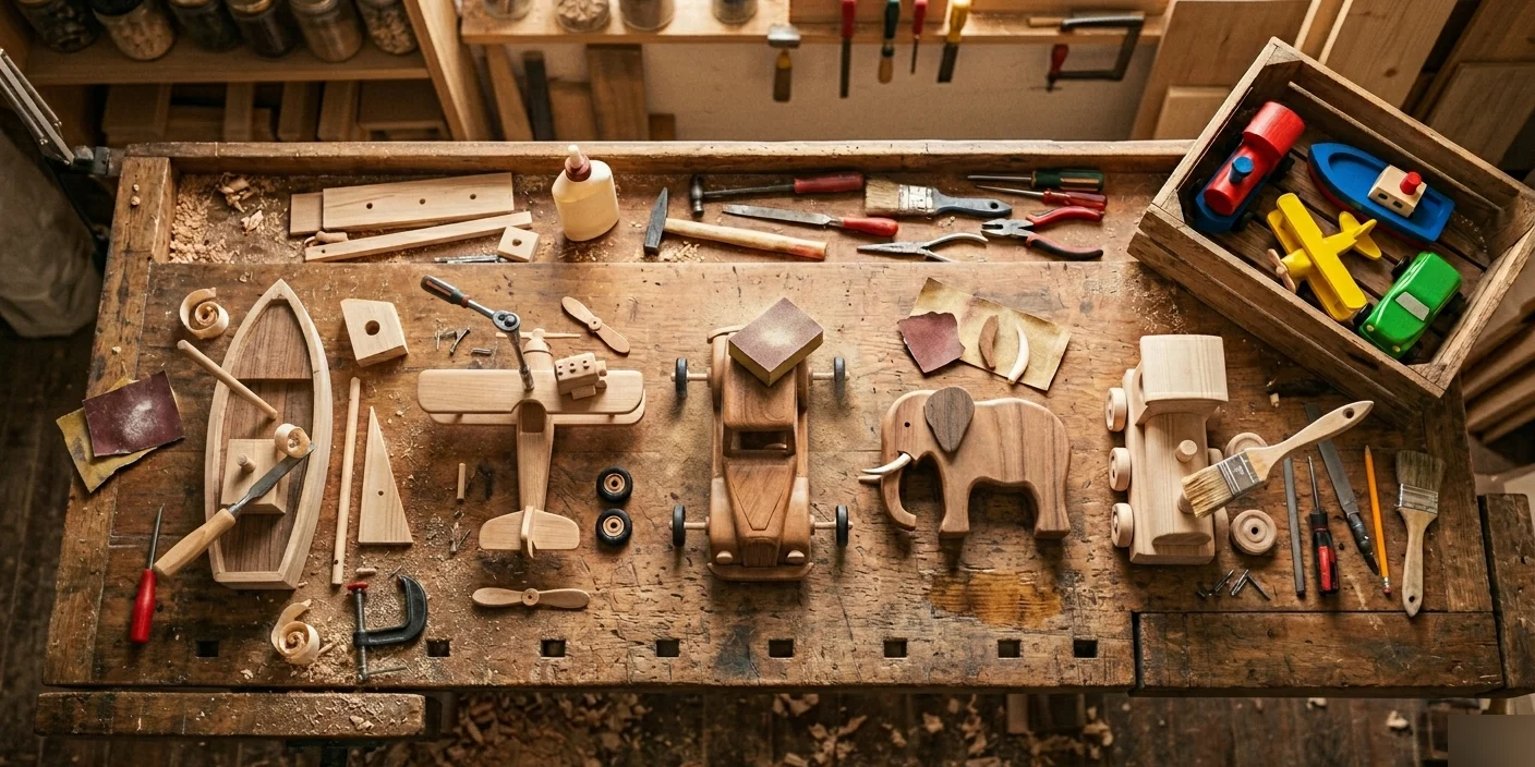 Arbetsbänk med leksaker under byggnation